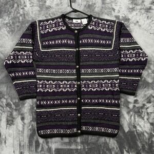 BP Cardigan Womens Medium Purple Fair Isle Shetland Wool Button Up Sweater